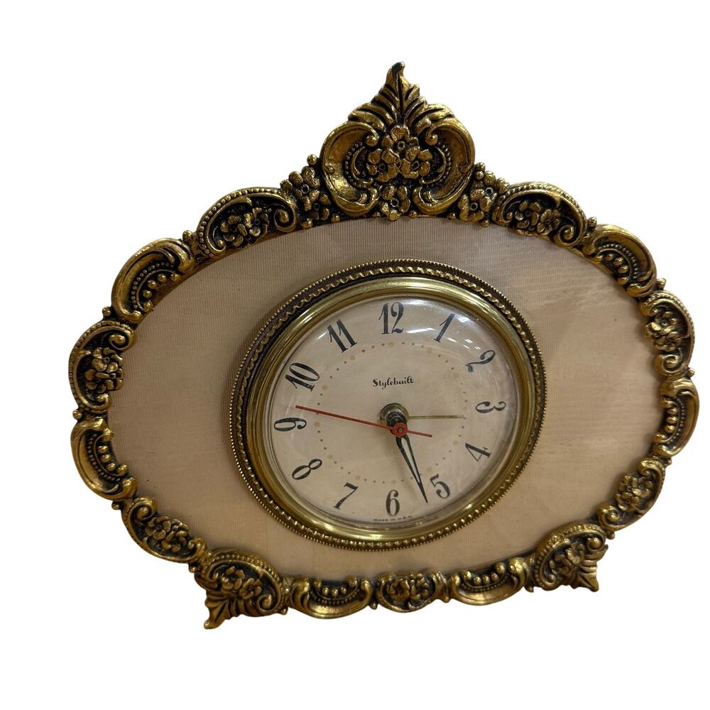Vintage Stylebuilt Electric Desk Clock Gold Tone Leaf Frame Made Is USA READ